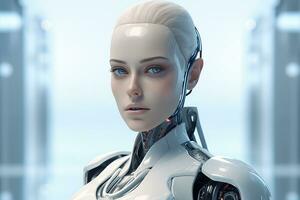 Portrait of a robot in a white futuristic interior,Artificial intelligence concept Ai generated photo