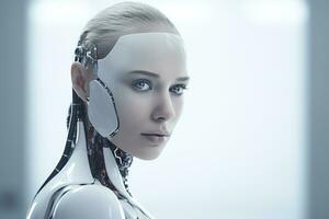 Portrait of a robot in a white futuristic interior,Artificial intelligence concept Ai generated photo