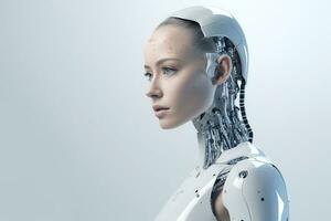 Portrait of a robot in a white futuristic interior,Artificial intelligence concept Ai generated photo