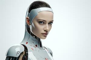 Portrait of a robot in a white futuristic interior,Artificial intelligence concept Ai generated photo