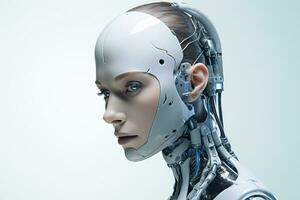 Portrait of a robot in a white futuristic interior,Artificial intelligence concept Ai generated photo