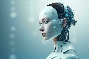 Portrait of a robot in a white futuristic interior,Artificial intelligence concept Ai generated photo