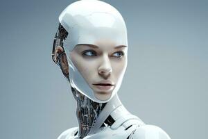 Portrait of a robot in a white futuristic interior,Artificial intelligence concept Ai generated photo
