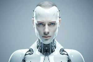 Portrait of a robot in a white futuristic interior,Artificial intelligence concept Ai generated photo
