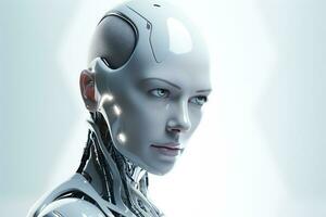 Portrait of a robot in a white futuristic interior,Artificial intelligence concept Ai generated photo