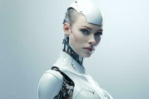 Portrait of a robot in a white futuristic interior,Artificial intelligence concept Ai generated photo