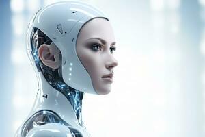 Portrait of a robot in a white futuristic interior,Artificial intelligence concept Ai generated photo