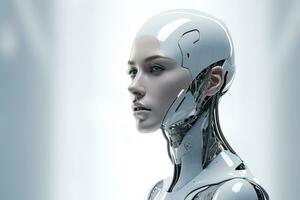 Portrait of a robot in a white futuristic interior,Artificial intelligence concept Ai generated photo