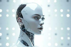 Portrait of a robot in a white futuristic interior,Artificial intelligence concept Ai generated photo