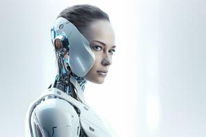 Portrait of a robot in a white futuristic interior,Artificial intelligence concept Ai generated photo