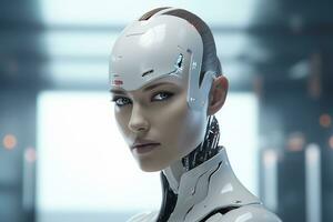 Portrait of a robot in a white futuristic interior,Artificial intelligence concept Ai generated photo
