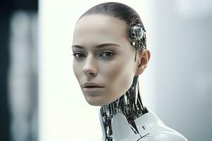 retrato de un robot en un blanco futurista interiores, artificiales inteligencia concepto ai generado foto