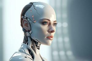 Portrait of a robot in a white futuristic interior,Artificial intelligence concept Ai generated photo