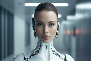 Portrait of a robot in a white futuristic interior,Artificial intelligence concept Ai generated photo