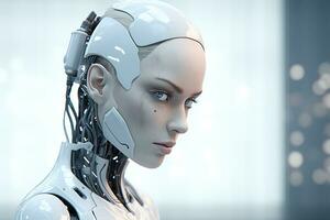 Portrait of a robot in a white futuristic interior,Artificial intelligence concept Ai generated photo