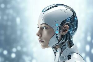 Portrait of a robot in a white futuristic interior,Artificial intelligence concept Ai generated photo