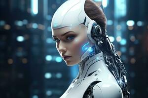 Portrait of a robot in a white futuristic interior,Artificial intelligence concept Ai generated photo