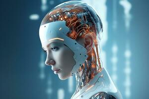 Portrait of a robot in a white futuristic interior,Artificial intelligence concept Ai generated photo