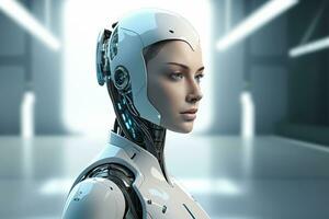 Portrait of a robot in a white futuristic interior,Artificial intelligence concept Ai generated photo