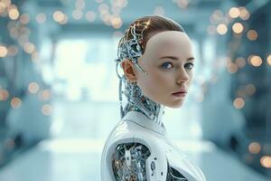 Portrait of a robot in a white futuristic interior,Artificial intelligence concept Ai generated photo