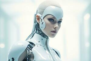 Portrait of a robot in a white futuristic interior,Artificial intelligence concept Ai generated photo