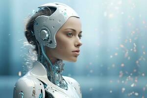 Portrait of a robot in a white futuristic interior,Artificial intelligence concept Ai generated photo