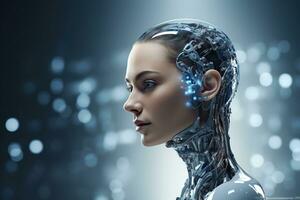 Portrait of a robot in a white futuristic interior,Artificial intelligence concept Ai generated photo