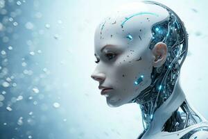 Portrait of a robot in a white futuristic interior,Artificial intelligence concept Ai generated photo
