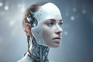 Portrait of a robot in a white futuristic interior,Artificial intelligence concept Ai generated photo