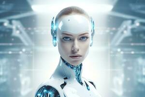 Portrait of a robot in a white futuristic interior,Artificial intelligence concept Ai generated photo