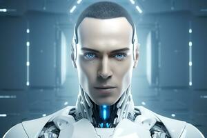 Portrait of a robot in a white futuristic interior,Artificial intelligence concept Ai generated photo