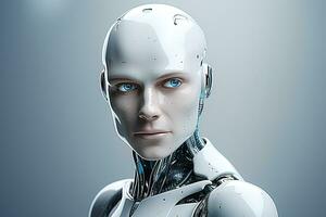 Portrait of a robot in a white futuristic interior,Artificial intelligence concept Ai generated photo