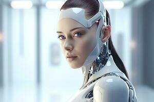 Portrait of a robot in a white futuristic interior,Artificial intelligence concept Ai generated photo