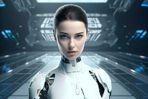 Portrait of a robot in a white futuristic interior,Artificial intelligence concept Ai generated photo