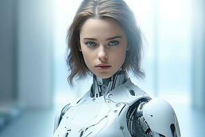 Portrait of a robot in a white futuristic interior,Artificial intelligence concept Ai generated photo