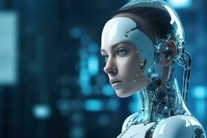 Portrait of a robot in a white futuristic interior,Artificial intelligence concept Ai generated photo