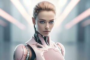 Portrait of a robot in a white futuristic interior,Artificial intelligence concept Ai generated photo