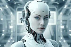 Portrait of a robot in a white futuristic interior,Artificial intelligence concept Ai generated photo