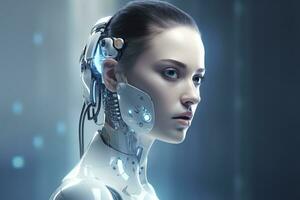 Portrait of a robot in a white futuristic interior,Artificial intelligence concept Ai generated photo