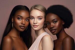 Portrait of three beautiful women with different skin tones on pink background AI Generated photo