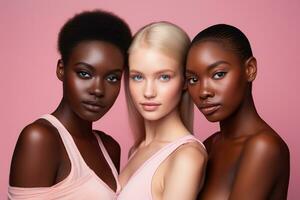 Portrait of three beautiful women with different skin tones on pink background AI Generated photo
