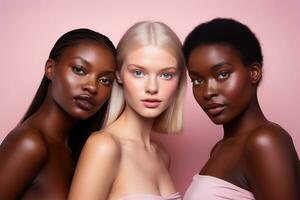 retrato de Tres hermosa mujer con diferente piel tonos en rosado antecedentes ai generado foto