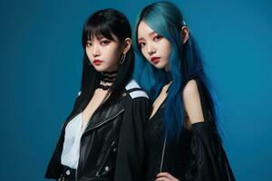 Portrait of two beautiful asian women in Fashion outfits on blue background AI Generated photo