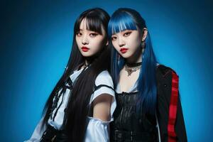 Portrait of two beautiful asian women in Fashion outfits on blue background AI Generated photo