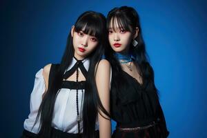 Portrait of two beautiful asian women in Fashion outfits on blue background AI Generated photo