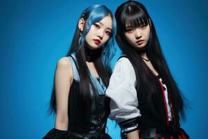 Portrait of two beautiful asian women in Fashion outfits on blue background AI Generated photo