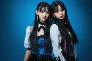 Portrait of two beautiful asian women in Fashion outfits on blue background AI Generated photo