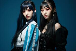 Portrait of two beautiful asian women in Fashion outfits on blue background AI Generated photo