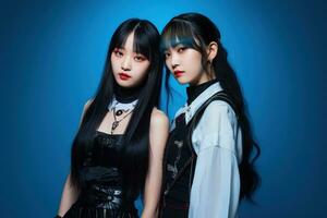 Portrait of two beautiful asian women in Fashion outfits on blue background AI Generated photo