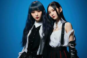 Portrait of two beautiful asian women in Fashion outfits on blue background AI Generated photo